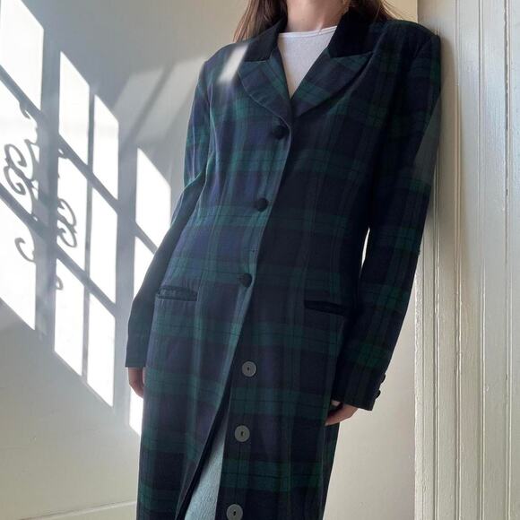 Vintage J.G. Hook Blue Green Plaid Long Blazer Velvet Collar 6 - Picture 1 of 5